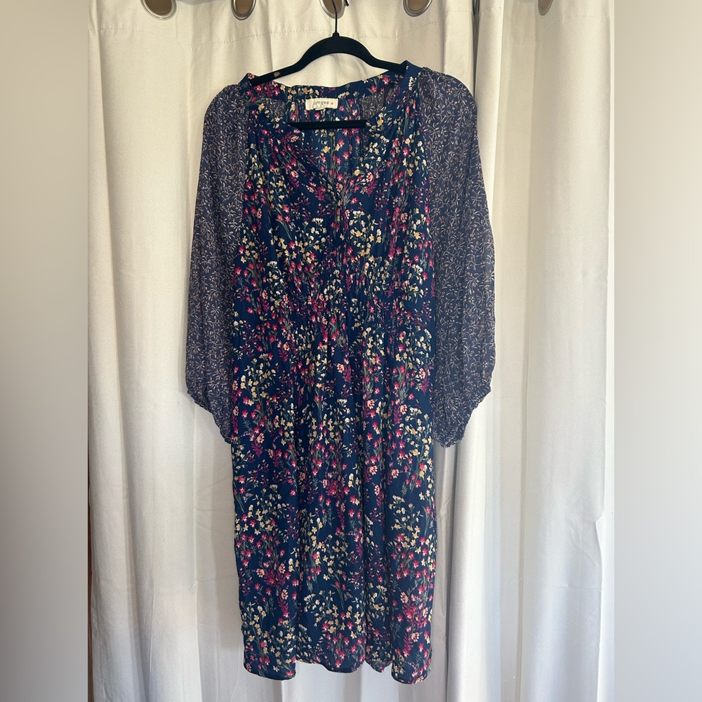 Umgee Navy Dark Floral Long Puff Sleeve‎ Dress Patchwork Long Line Tunic